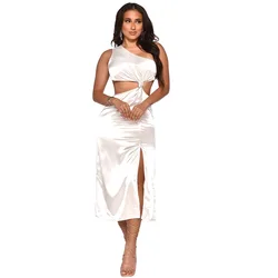 YD Fashionable plus size women s clothes sleeveless woman club outfits slash shoulder cut out solid color loose dress with slit