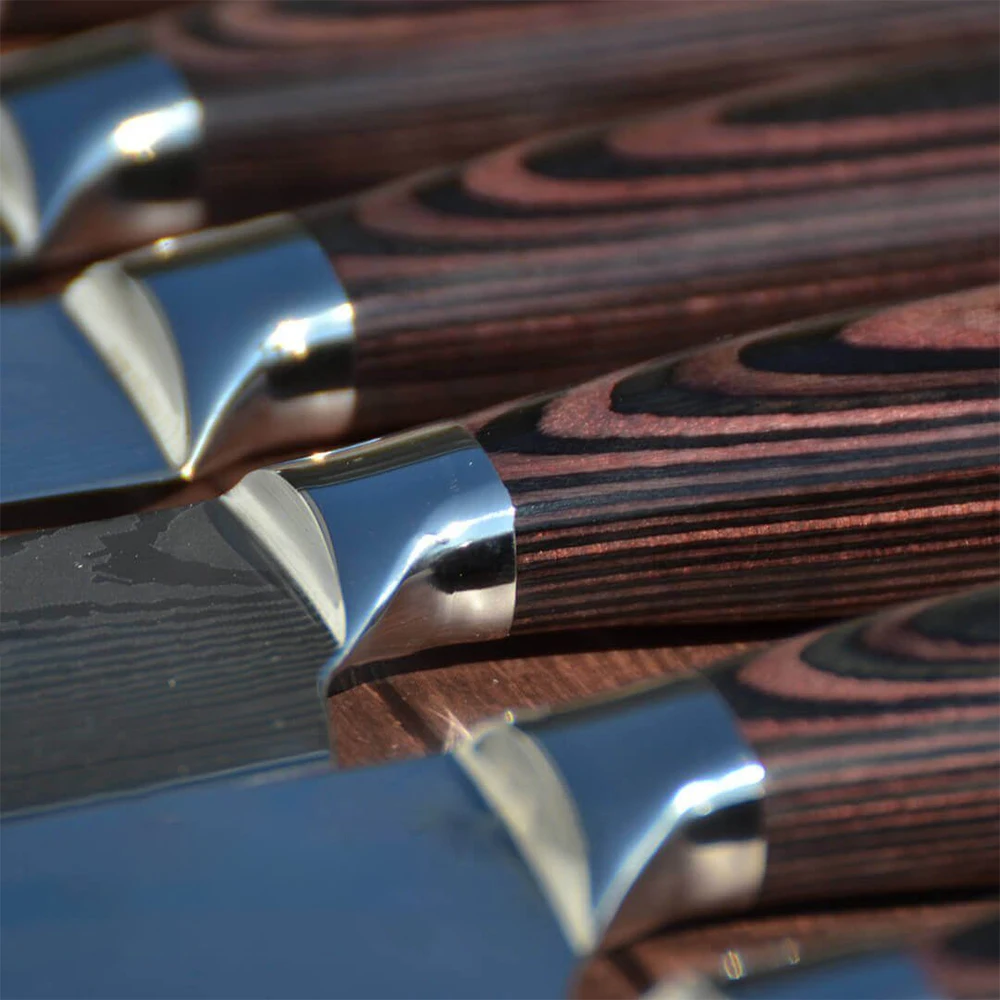 Custom Logo 8 piece Premium Japanese Chef Knife with Pakka Wood Handle Laser Damascus Pattern Kitchen Knife Set