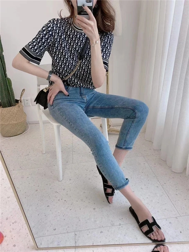 ladies sweater short Sleeve knitwear round neck letter jacquard fashion Knitted women pullover knit top Sweater women