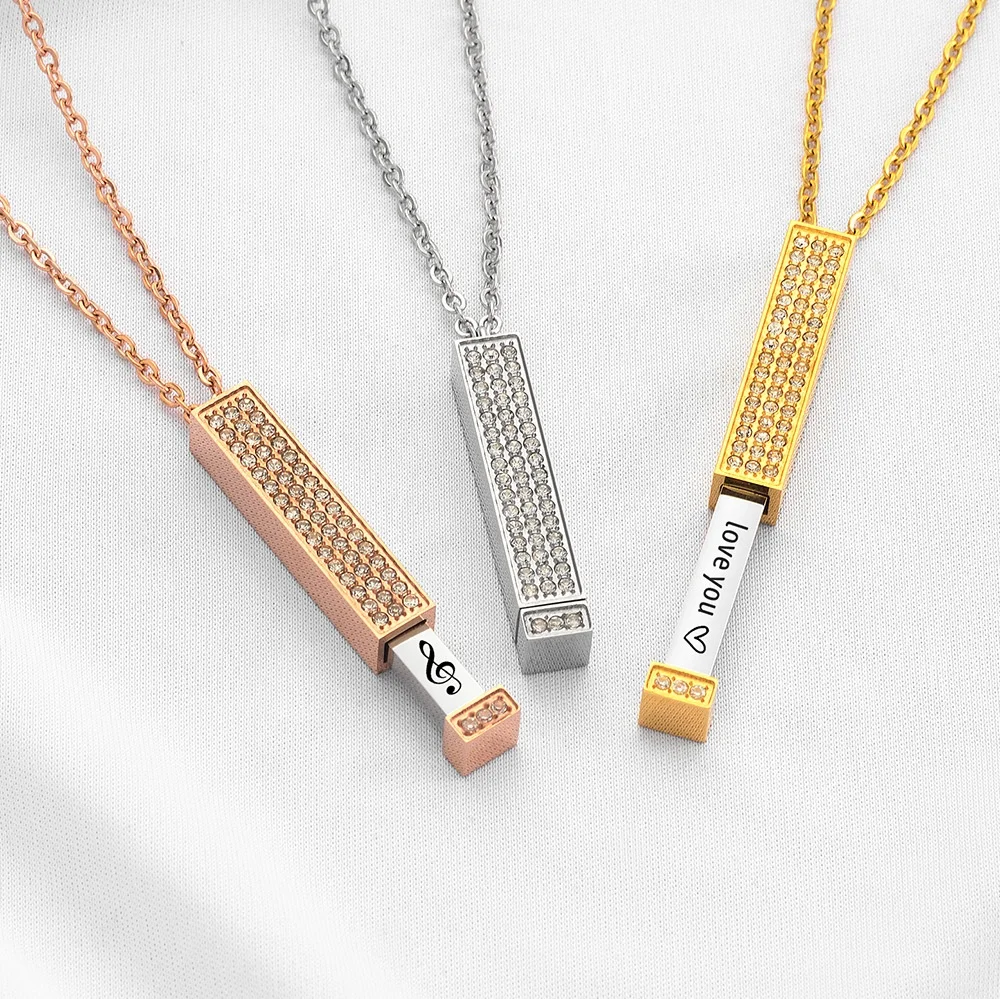 Hidden Message Full Diamond Telescopic Bar Necklace Custom Engraved Name Necklace Shopify Fulfillment Stainless Steel Necklace