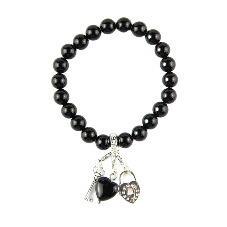 Natural Stone Beads Fashion Product Black Agate Gemstone Bead Bracelet With Zinc Alloy Charms Pendants
