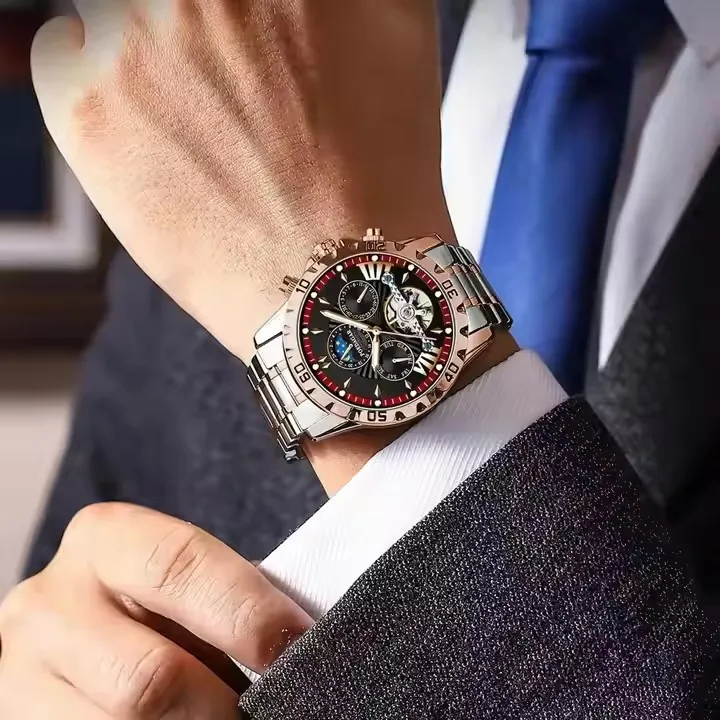 POEDAGAR 1410 Tourbillon Mechanical  Moon Phase Date Display Clock  Reloj Luxury Automatic Movement Hollow Out Watches For Men