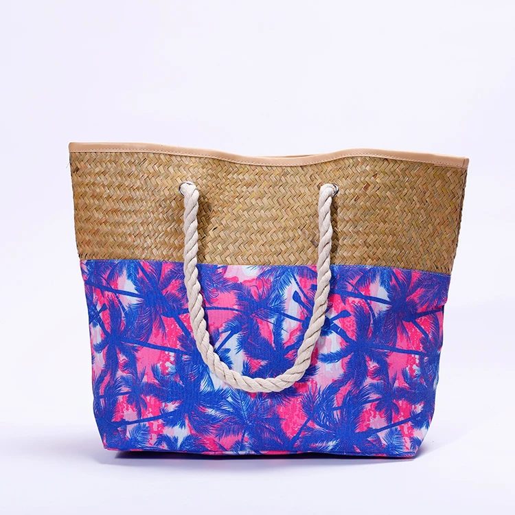 Manufacturer Splicing Water Plant and Canvas Straw Beach Tote Bag Straw Bags Wholesale Straw Canvas Bags With Custom