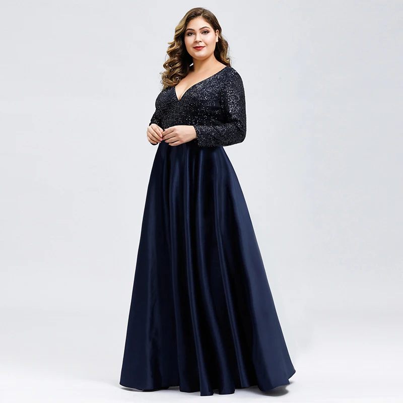ELPR0000464 in stock navy blue mother dress long sleeves Sequin wedding mother Dress