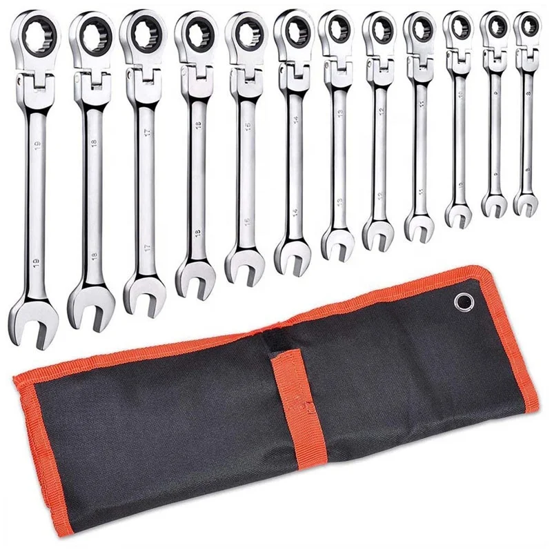 No.12S005 12pc Flex Head Ratcheting Combination Wrench Set With Rolling Bag - Flexible Ratchet Speed Wrenches