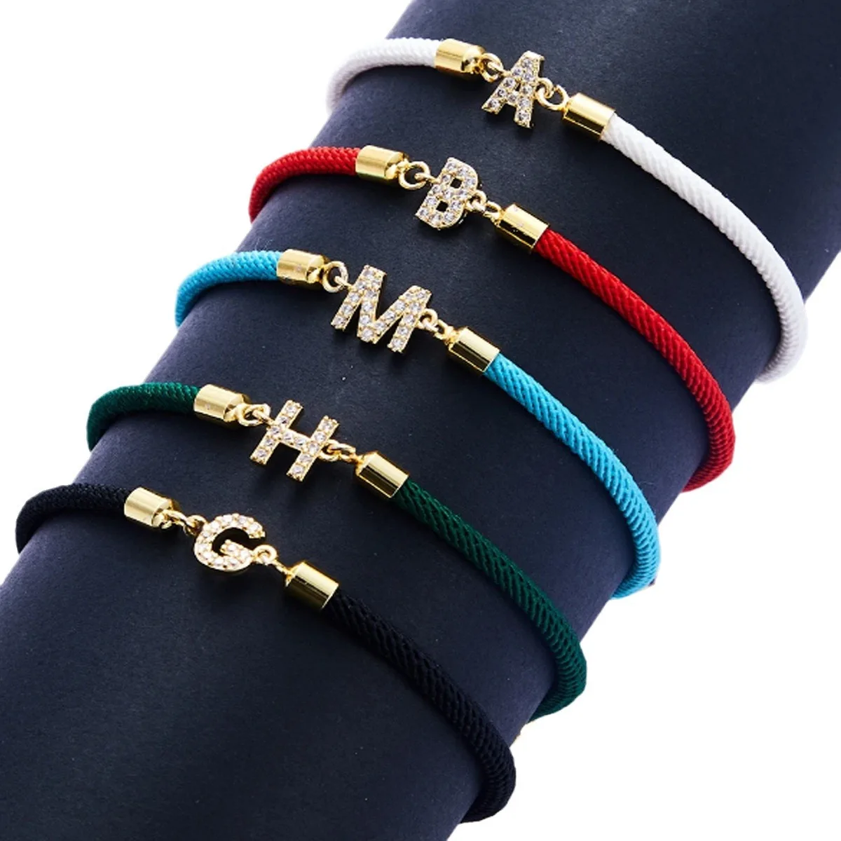 NEW Style Copper Micro Inlaid Zircon  Letter 18k Gold Colorful  Cord Bracelet Adjustable Initial Letters Rope Bracelet