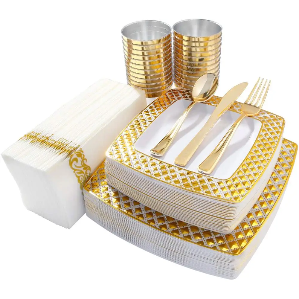 Wholesale Plastic Plates Dinner Plates Set Gold Dinnerware Set Gold Lace Plastic Plates For Party