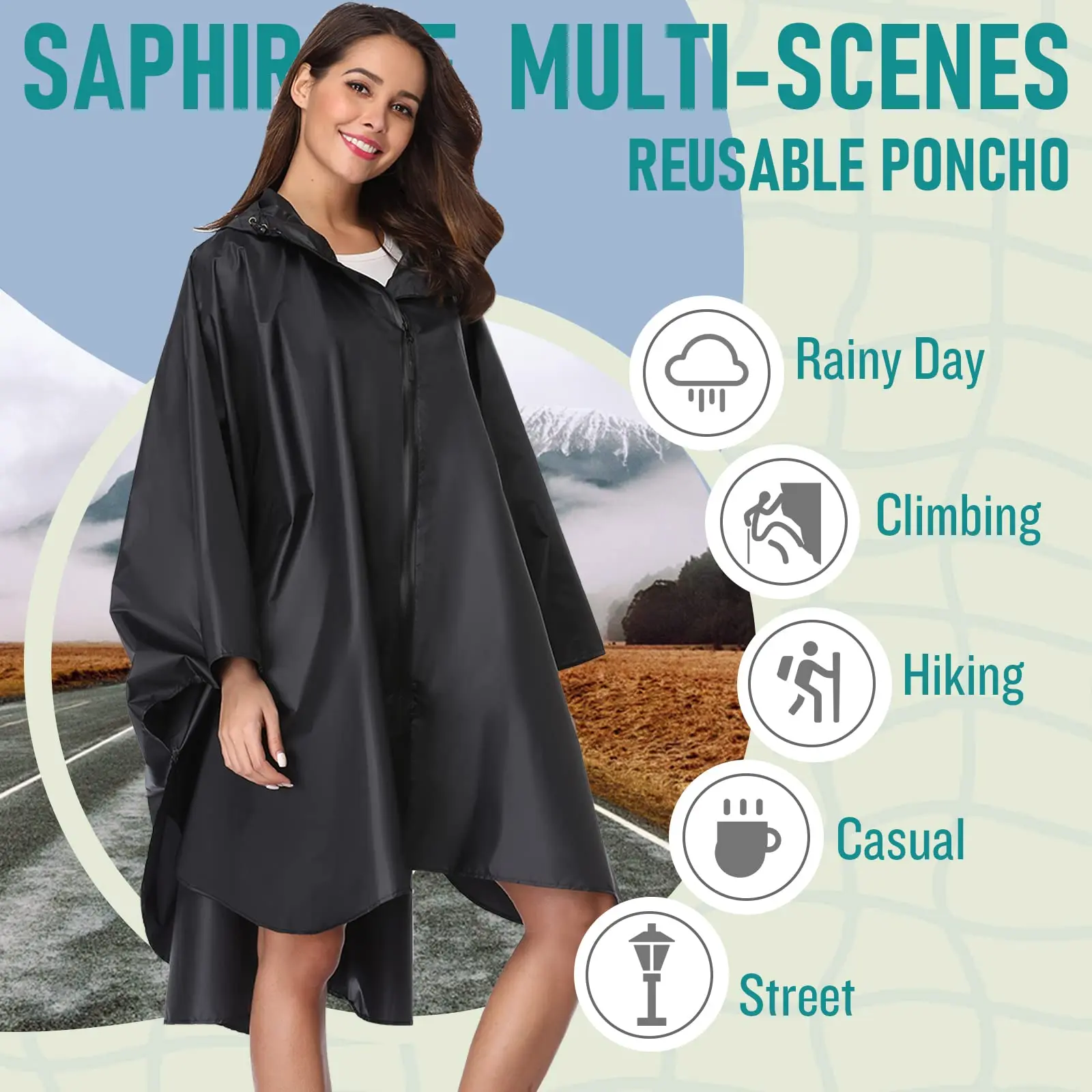 SaphiRose Unisex Rain Poncho Raincoat Hooded for Adults Women with Pockets