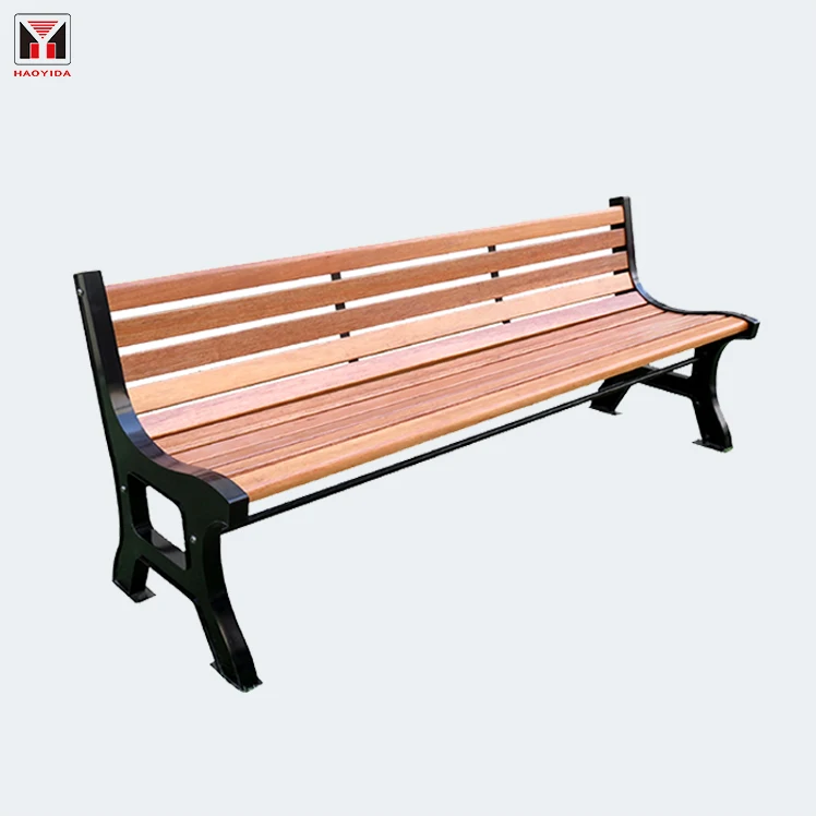Lounge long bench public park sitting Pine wooden steel cast  iron metal wood slats Patio benches for Garden