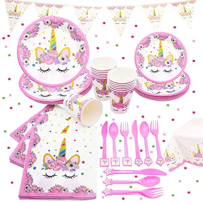 Partycool Набор для дня рождения девочки с единорогом, розовая посуда, набор бумажной посуды, украшения для вечеринки