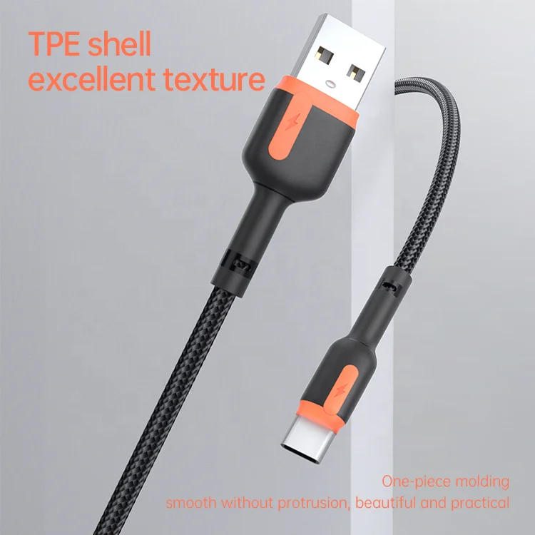 High quality USB-C braided charging cables 2.4A TPE single point bulged USB charging cable for cellphones like Huawei Samsung