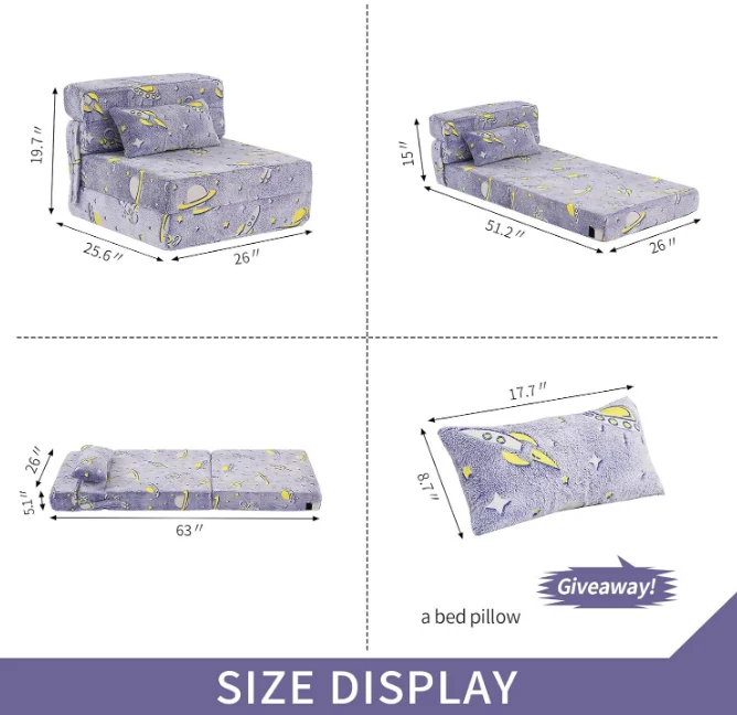 Folding Sofa Bed Floor Mattress for Kids Glow Tri Folding Mattress Kid Fold up Sofa Futon Chair Bed