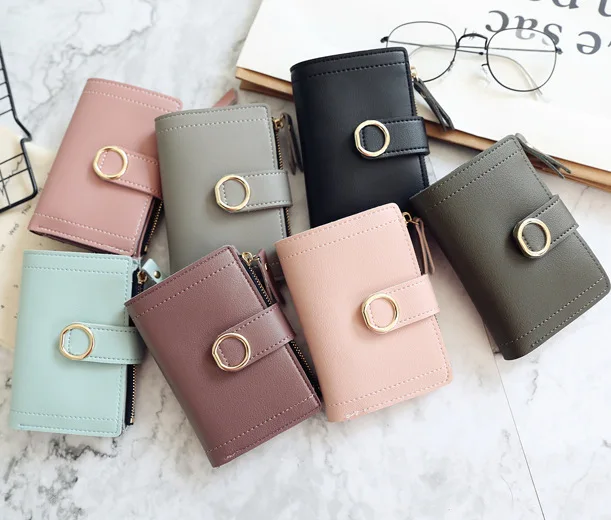 Trendy Fashion Ladies Coin Purse Simple Ring Buckle Pu Waterproof Zipper Small Wallet