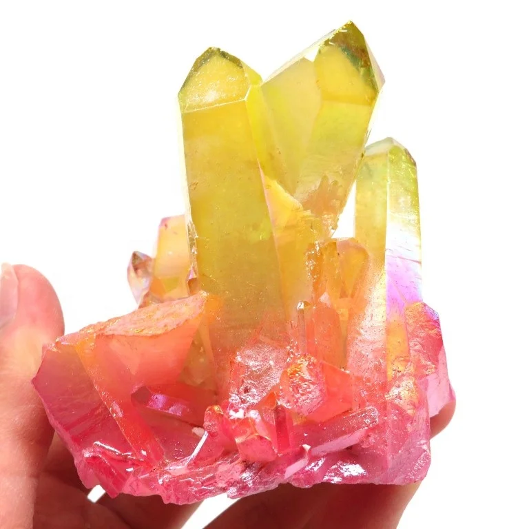 Healing Rose Pink Yellow Titanium Aura Electroplated Quartz Cluster Colourful Crystal Geodes For Decoration