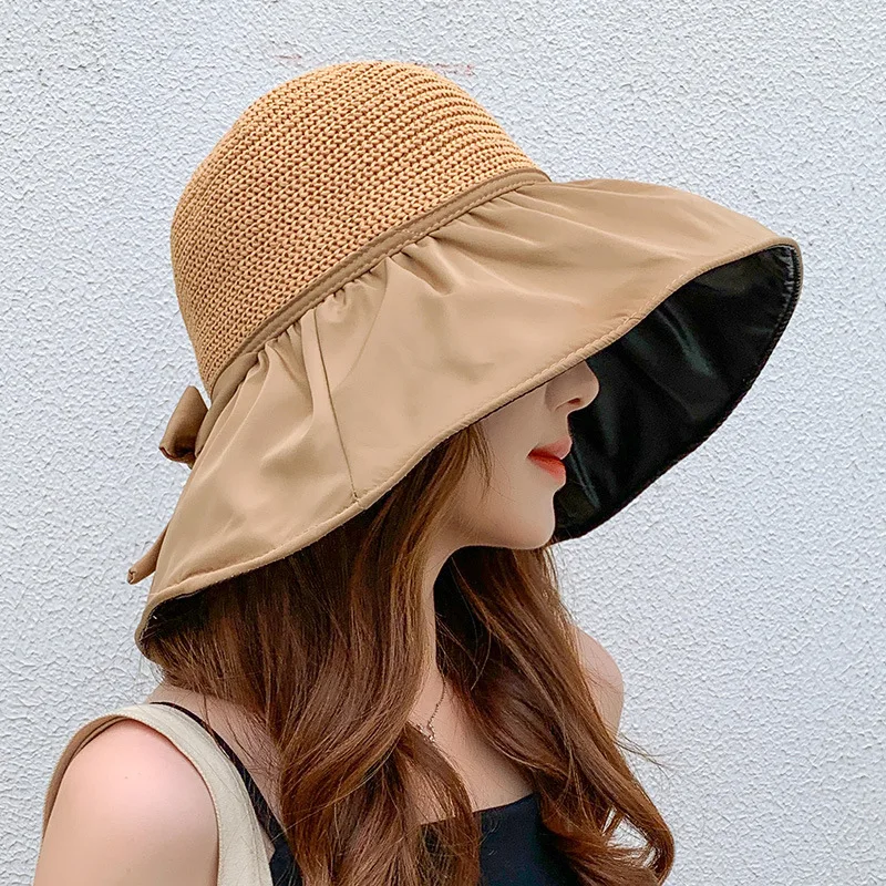 Fashion Vinyl coating summer hollow straw hat ultraviolet-proof sunscreen wide brim bucket cap hats for ladies and girls