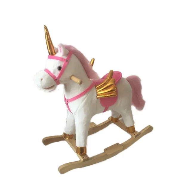 Plush rocking horse with flying wing in golden material, with moving mouth and moving tial