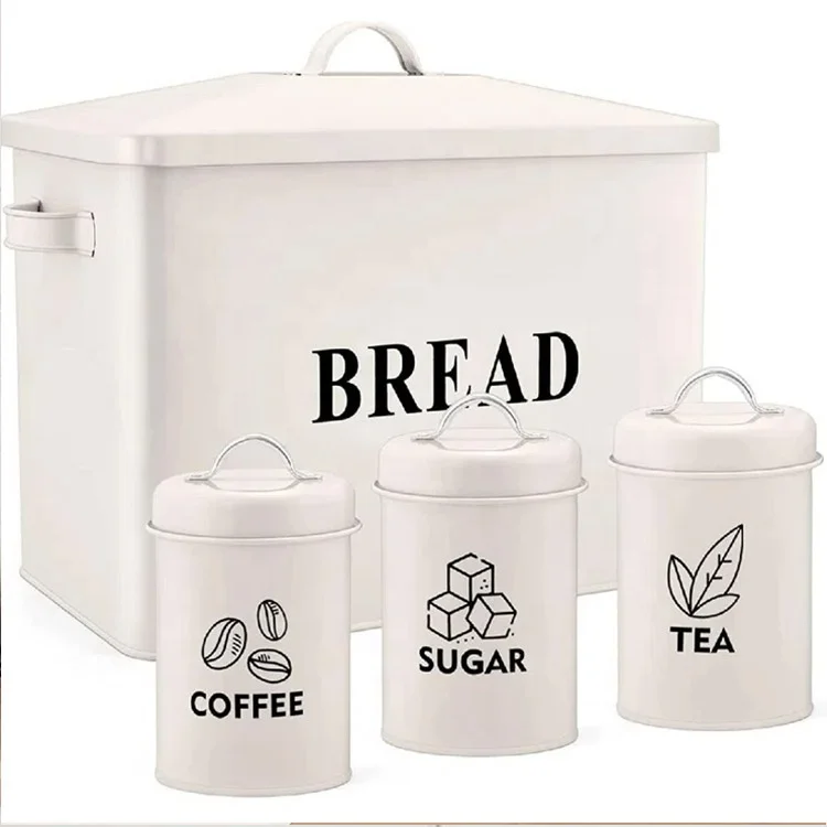 Set of 4 Bread Box and Canister Set for Kitchen Countertop Metal Bread Bin Sugar Tea Coffee Storage Canister with Lid
