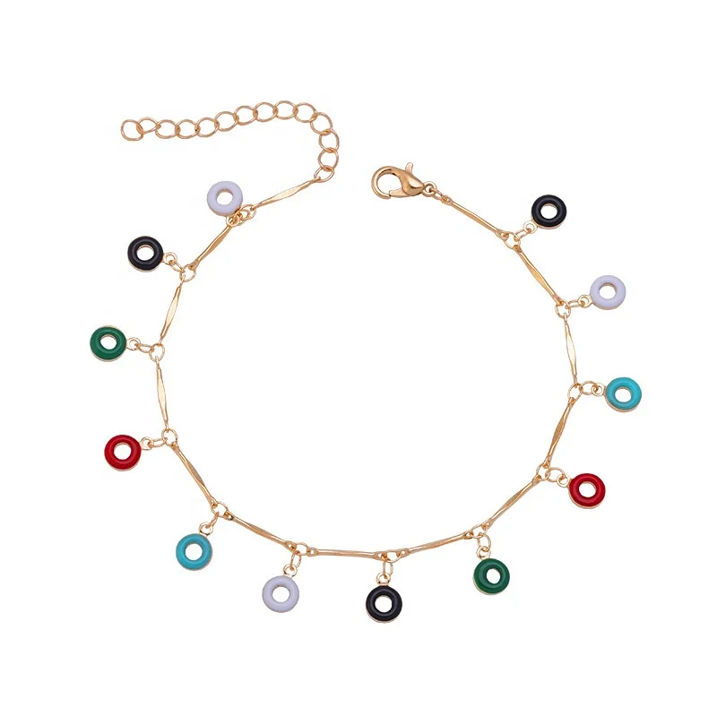 Fashion Ankle Chain Rainbow Colorful Dropping Oil Enamel Circle Tassels Beaded Charms Anklets Foot Jewelry Woman
