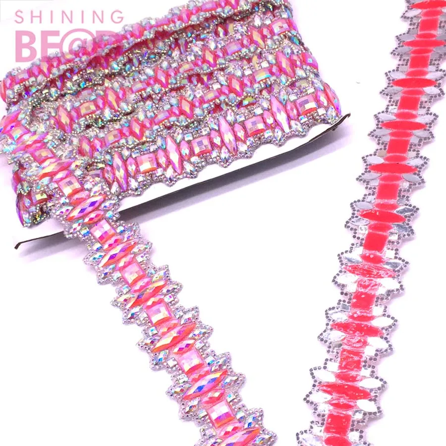 Hot Fix Carnival Accessories Crystal Pink/Green AB Rhinestone Applique Trim Iron On Rhinestone Banding Trim for Costume