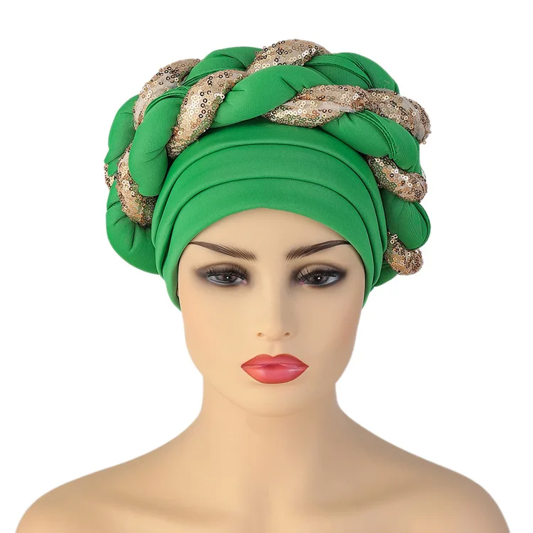 GEERDENG Hot Sales African Nigerian Female Popular Golden Head Wrap Beads Hat Muslim Women Satin Silk Twist Braid Hair Turban
