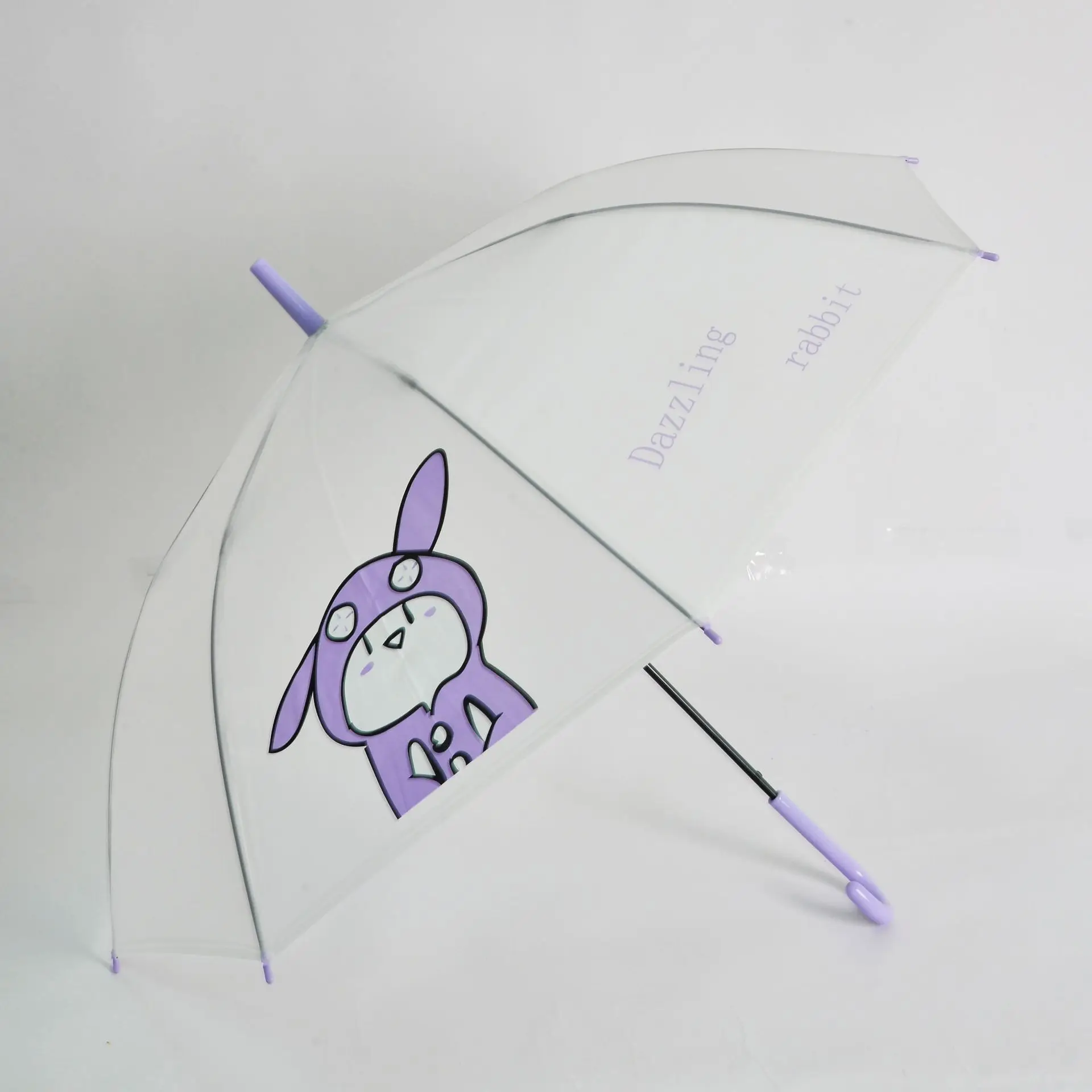 DD1438  Frosted Bunny Clear Colorful Umbrella Kids J Shape Handle Straight Umbrella Automatic Transparent POE Umbrellas
