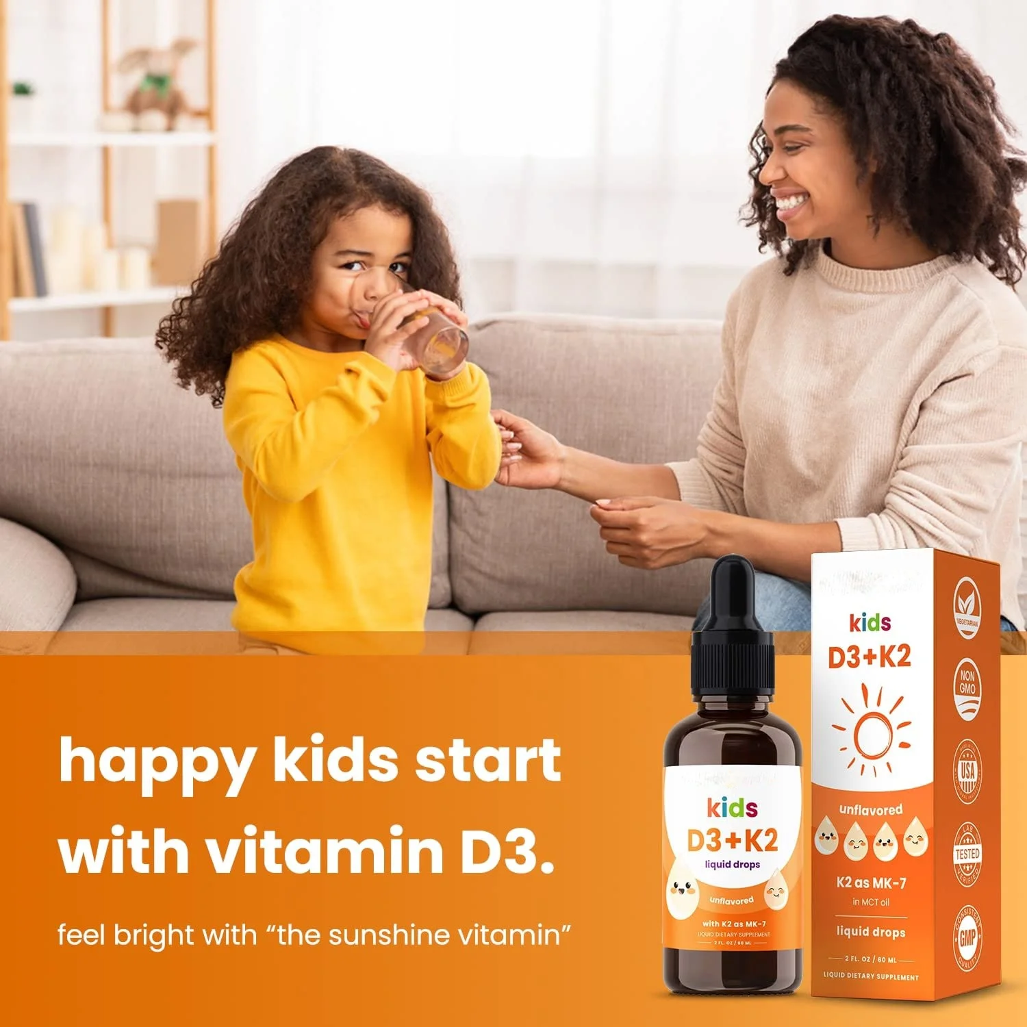 Kids Vitamin D 3 K2 Drops Liquid Vitamin D for Kids 1000 IU Sugar Free Supplement for Toddlers