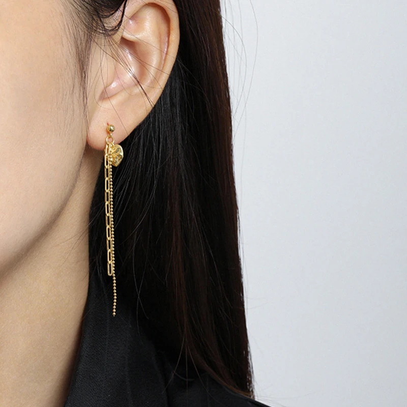 Wuqie Elegant Design 925 Sliver Earrings Charm Heart Coin Beaded Tassels and Link Chain Drop Earrings Jewelry