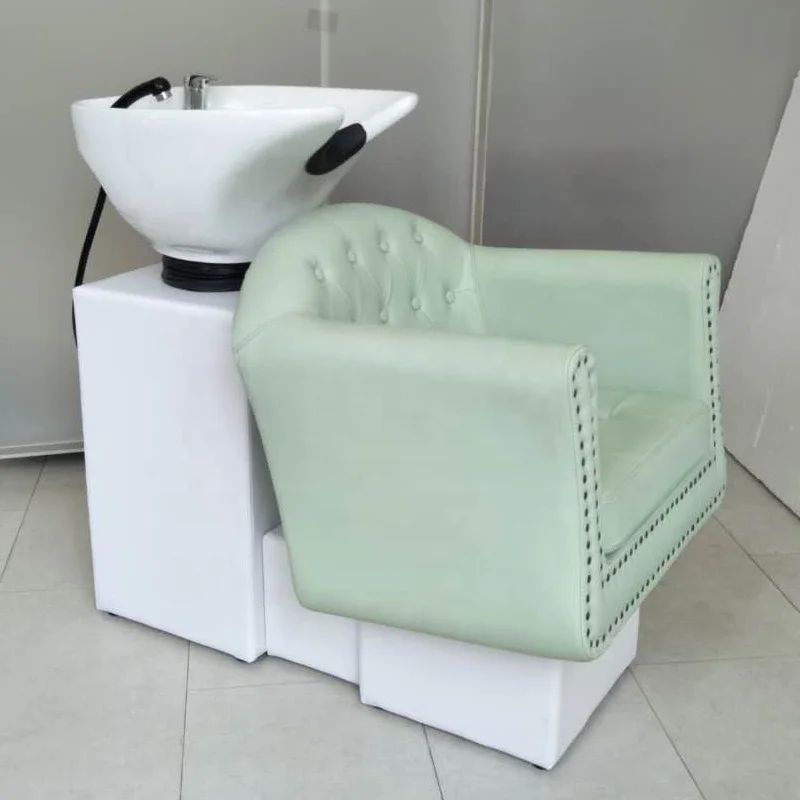 Foshan Great Beautiful Green Shampoo Chair Cheap Price Hair Washing Unit With Ceramic Bowl