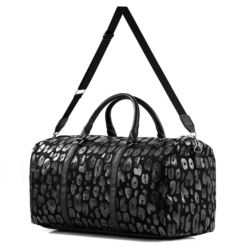 PU handle handbags shoulder strap luggage bag Indian style portable printed black leopard pattern weekend travel bag