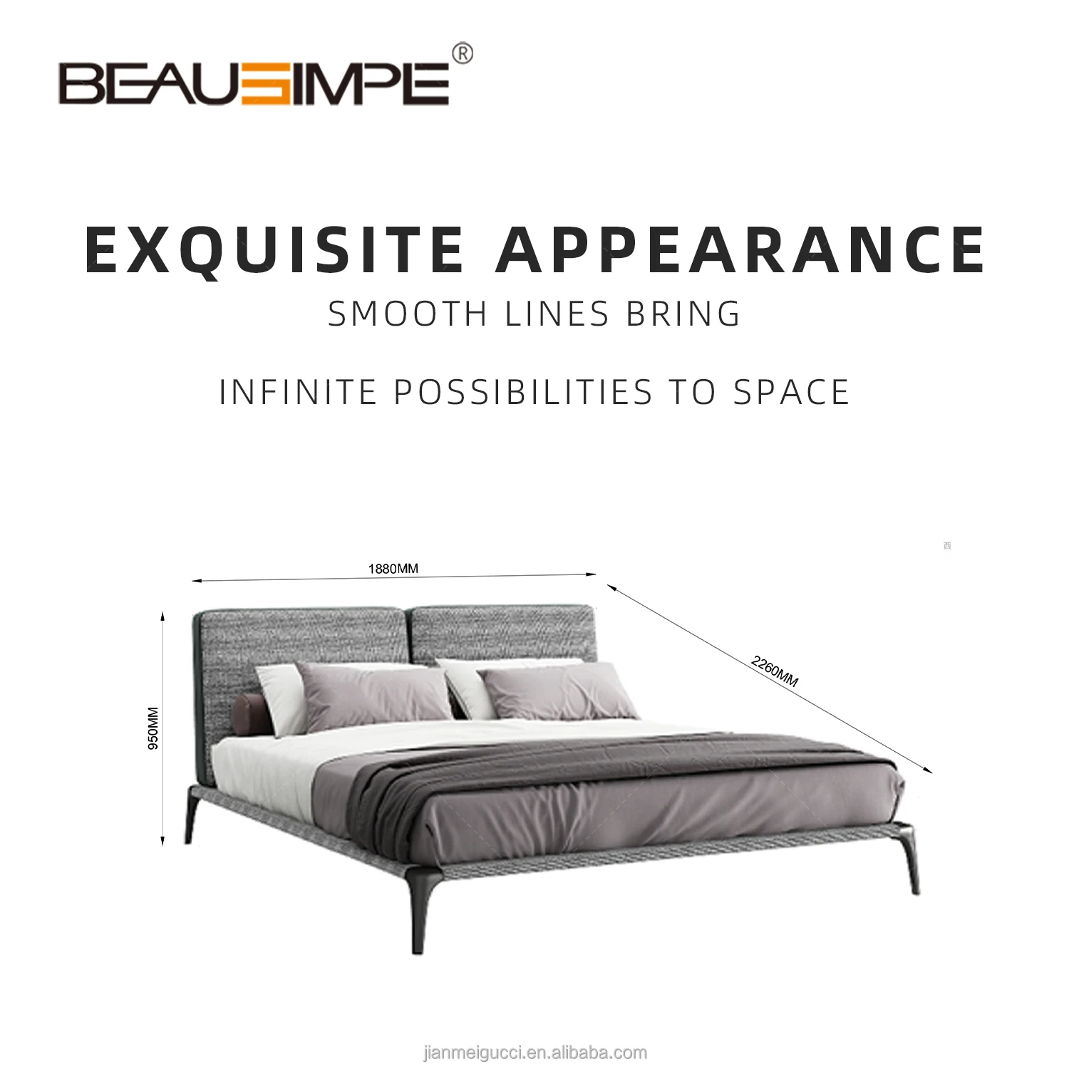 Upholstered bed composed of two cushion headboard with light  bed frame in lacquered metal linear design fabric genuine leather