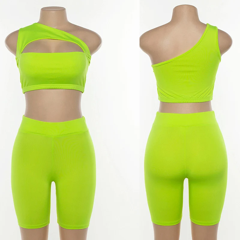 2022 Custom Logo Spring Off Shoulder Hollow Out Neon Color Crop Top High Waist Shorts Suits Casual Sporty Women 2 Piece Set