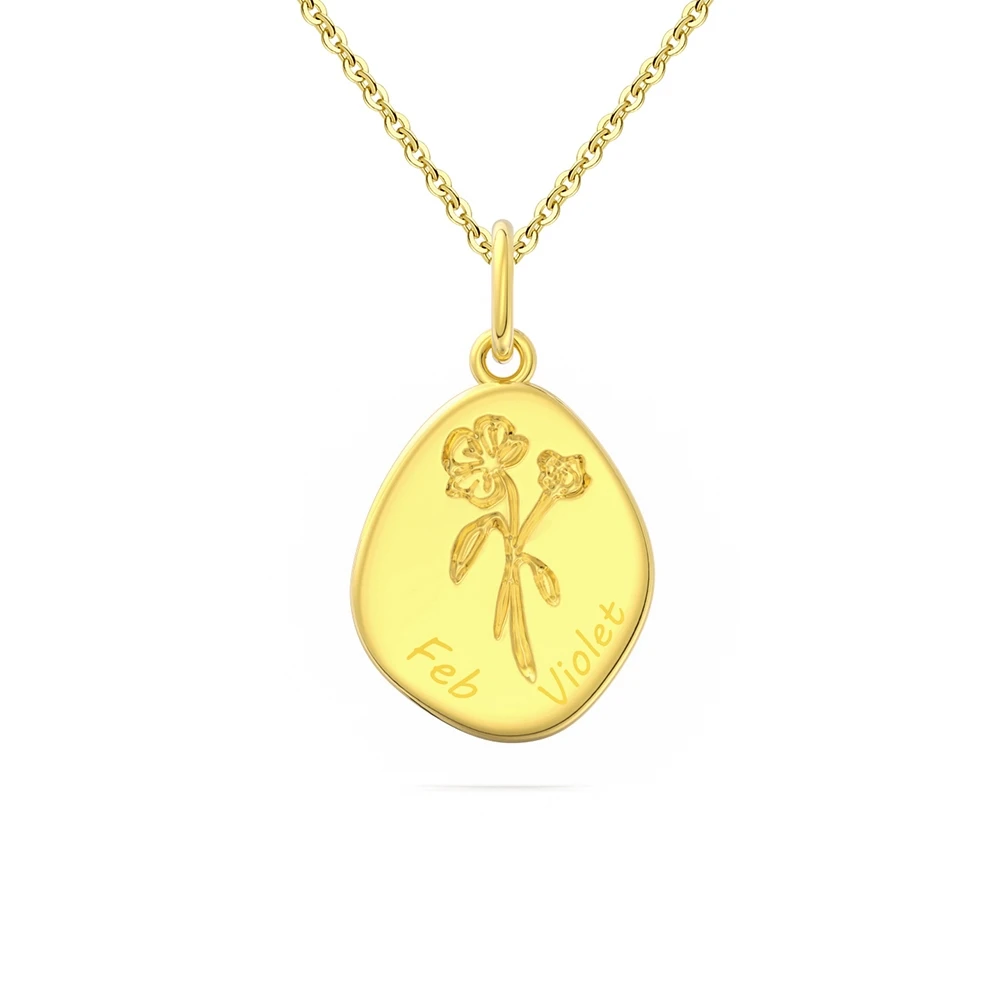 RINNTIN APN33 Custom 14K Gold Plated Sterling Silver Irregular Oval Birth Flower Pendant Necklaces for Women Jewelry