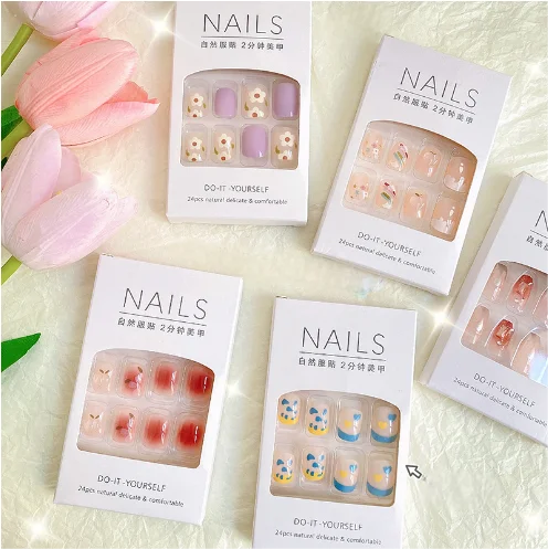 Wearing nail jelly gel nail art in spring and summer, with a high-end feel and a white temperament. Detachable finished nail art