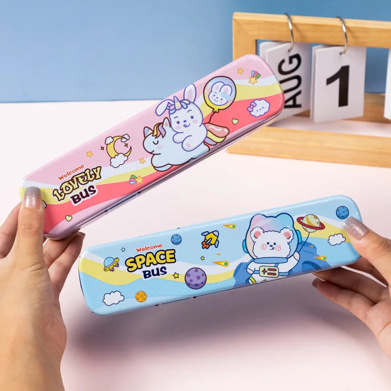 YAHOU Creative Cute Wheeled Bus design Stationery Box Cartoon 2 layers metal tin Multifunctional pencil case for kids school