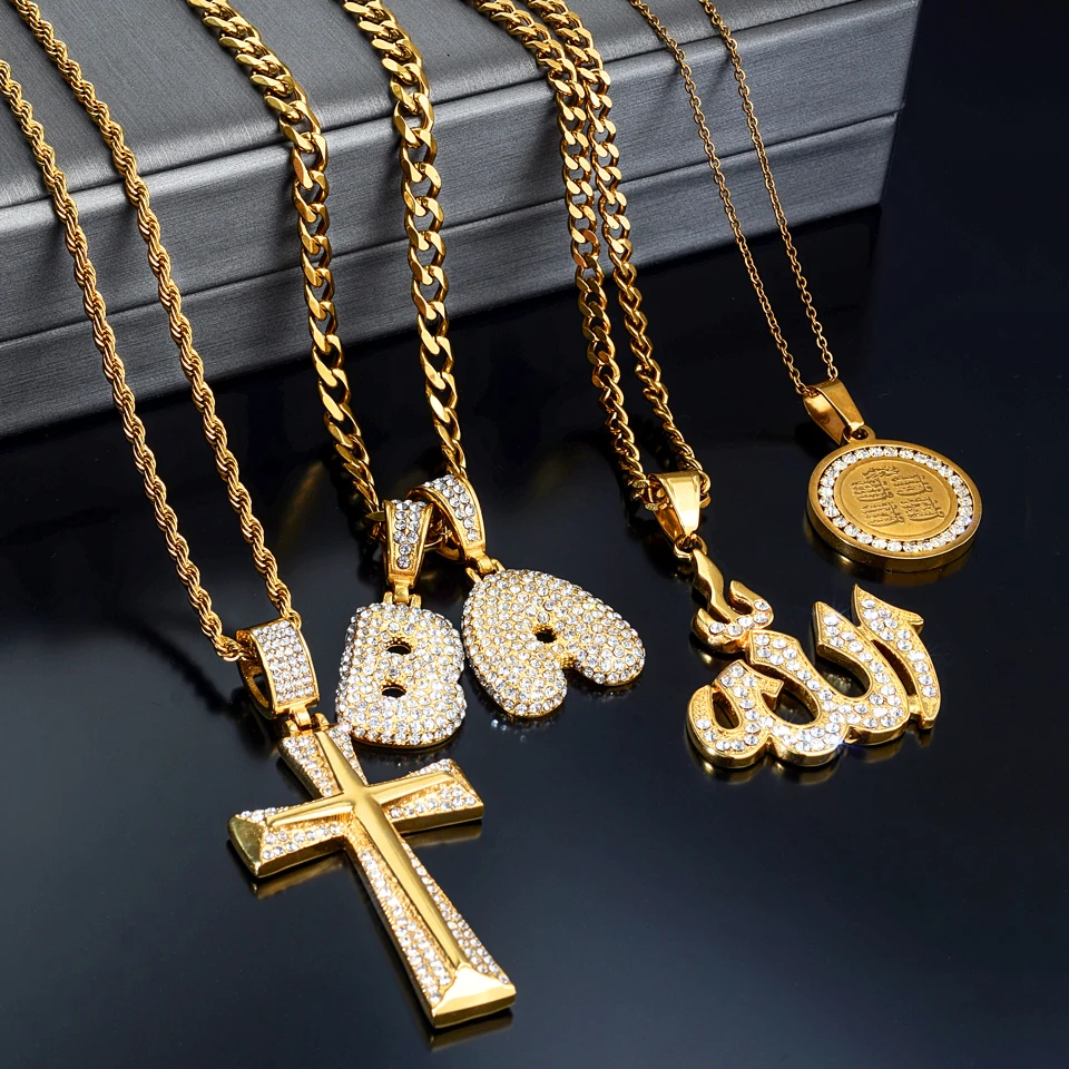 Hip Hop Pendant Jewelry 18K Gold Plated Stainless Steel Micro Pave CZ Cross Letter Islamic Allah Pendant Necklace for Men