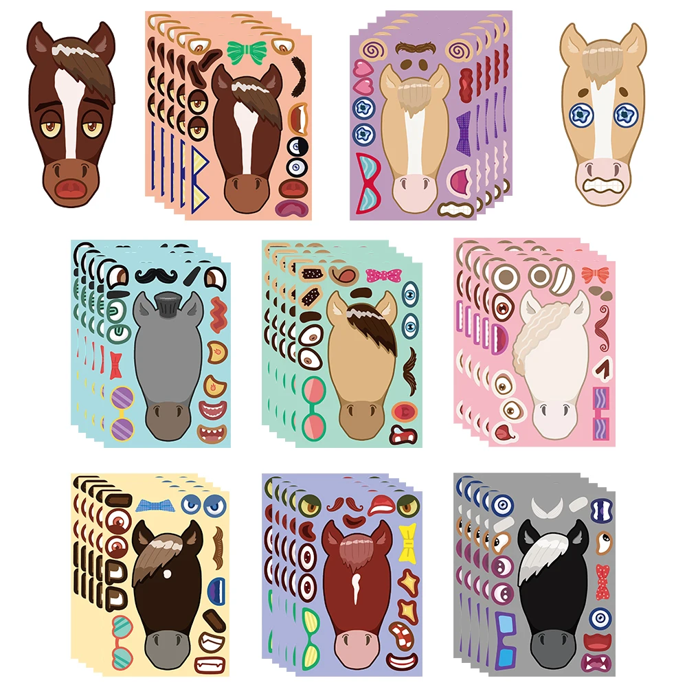 8 Sheets Cartoon Pony Make a Face Stickers to Diy Water Cup Laptop Diary Children Party Puzzle Waterproof Toy Decals Wholesale