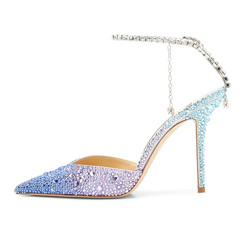 Summer Sexy Fashion Wholesale Pointed Toe Diamonds Straps Sling Back Handmade Wedding Heels Women Sandals Shoes