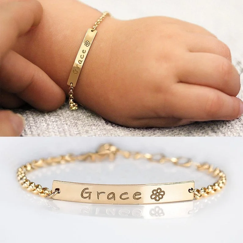 Stainless Steel Personalized Bar Jewelry Custom Engraved Baby Name Bracelet Infant Birth Bracelet