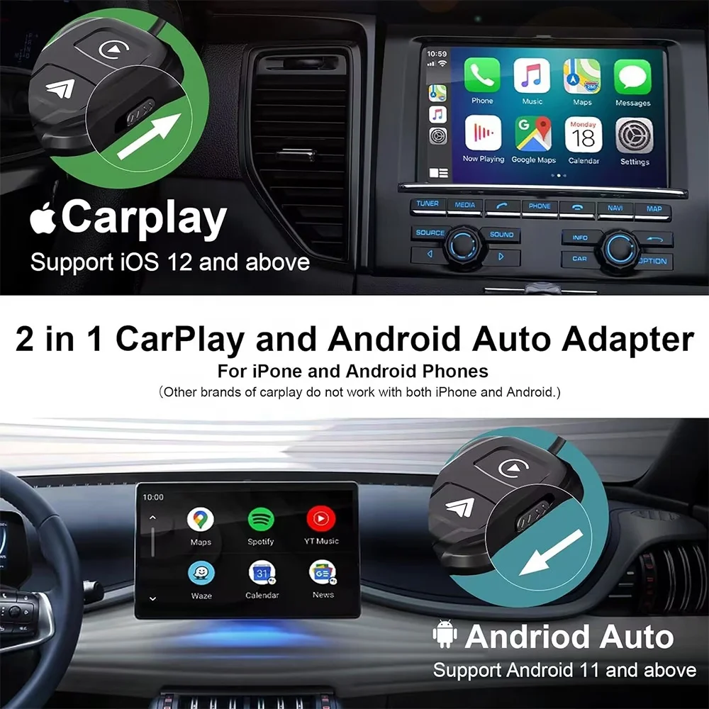 Wireless Android Auto & CarPlay Stereo Adapter for Vehicle GPS Compatible Convert Wired CarPlay to Wireless Android Auto Car