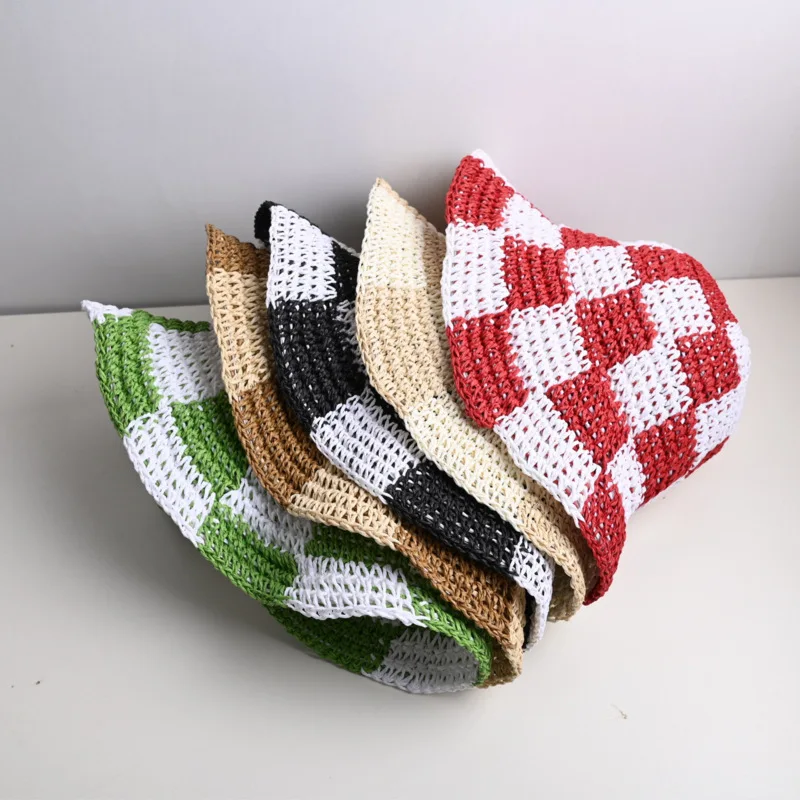 Handmade Breathable Travel Beach Protection Sun Crochet Bucket Hat Ladies Plaid Womens Straw Hats For Men