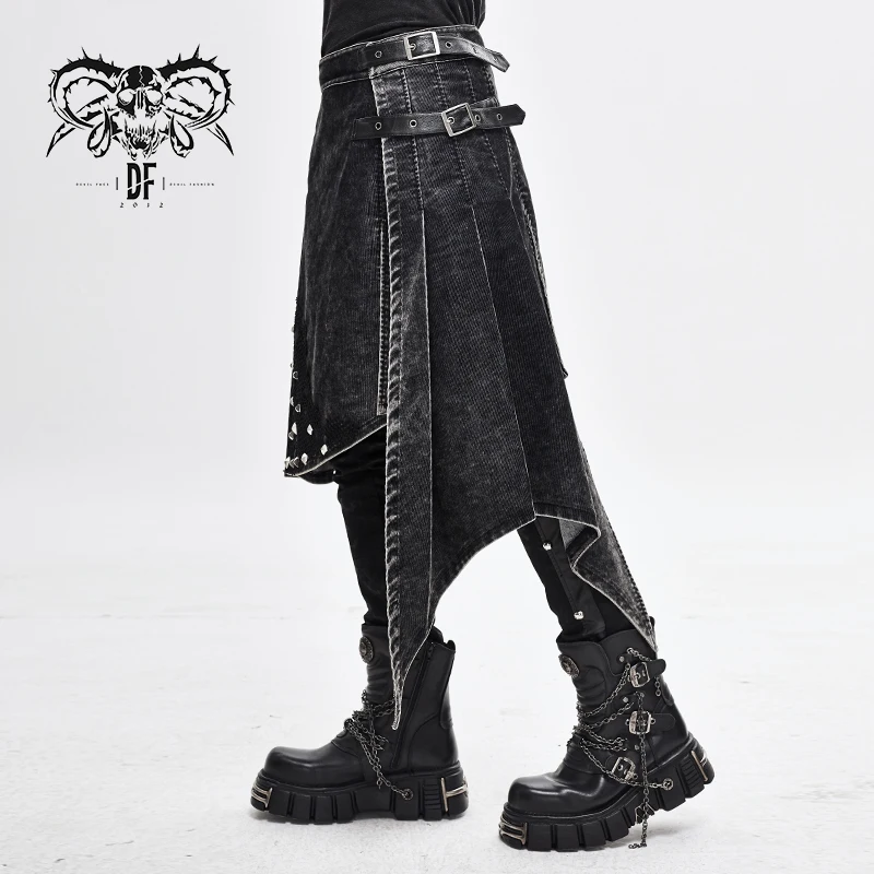  SKT102 punk rock adjusted waist distressed corduroy spiked wrapped men kilts with