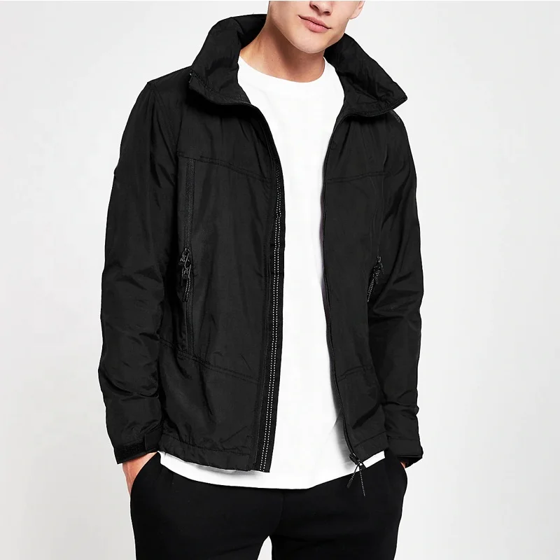 100% Nylon Men casual black lightweight jacket with Zip front fastening