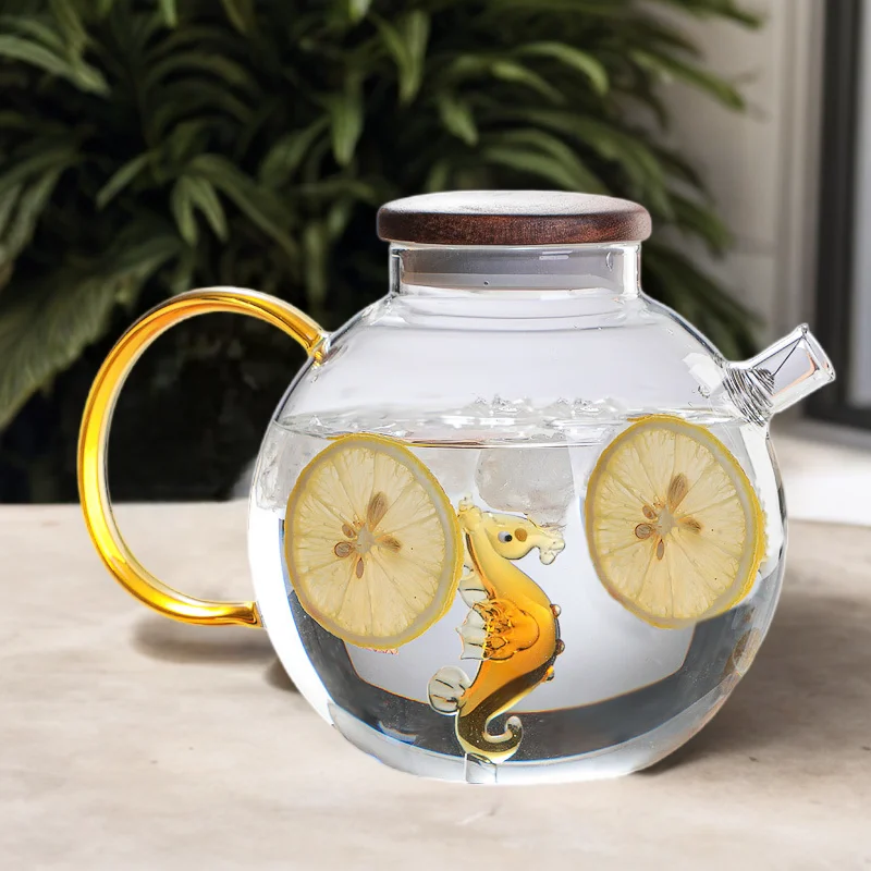 Colored Heat Resistant Round belly Glass Water Pot Borosilicate Handcrafted Mosaic animal Pattern Glass Water coffee pot