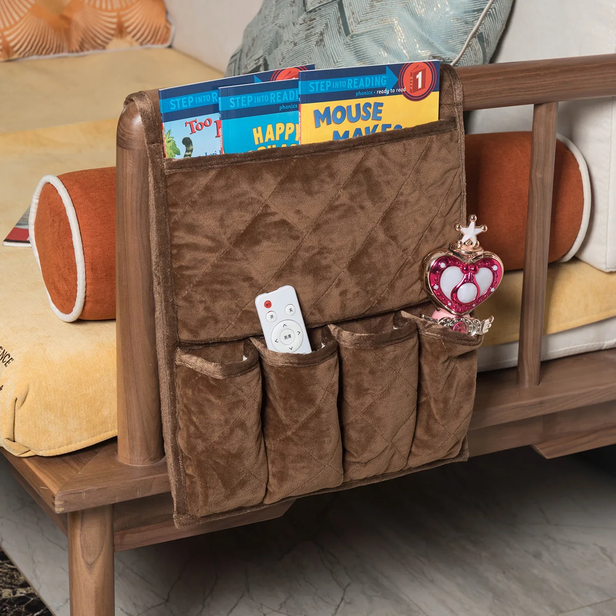 Quilted Velvet Sofa Armrest Caddy & Remote Control Organizer with Anti-slip Backing