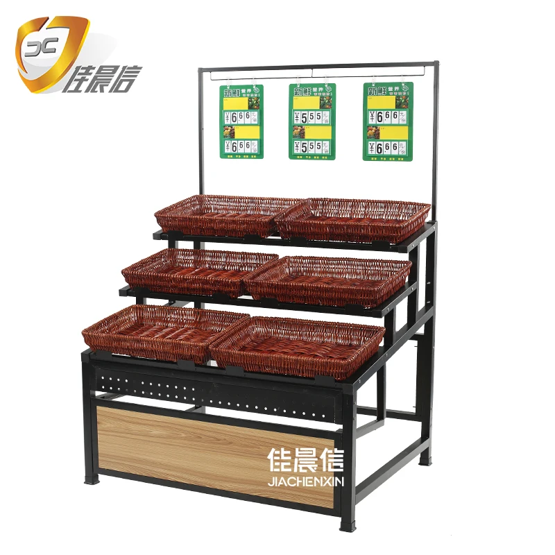 Wholesale Price Shelf Manufacture Metal Wooden Fruit and Vegetable Display Rack Stand for Fresh Store With Logo