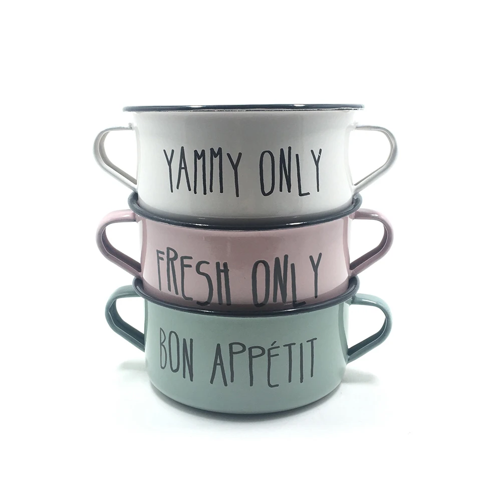 CHL Custom 3pcs solid color airtight enamel salad fruit noodle soup storage enamelware bowl set for hotel