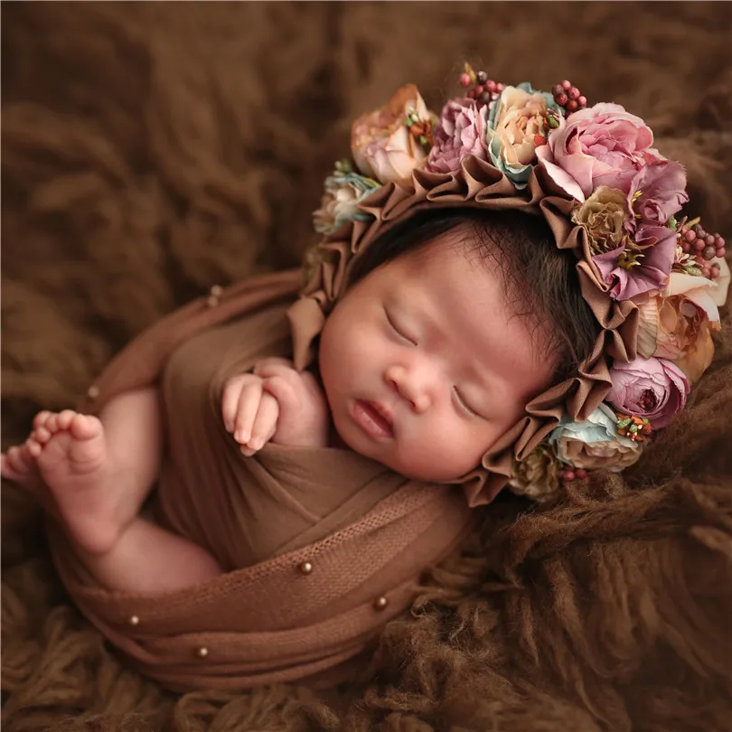 Newborn Girl Floral Bonnet Photography Shoot Sunflower Garden Baby Hat Photo Props Hand Knit New Born Bonnet Hat