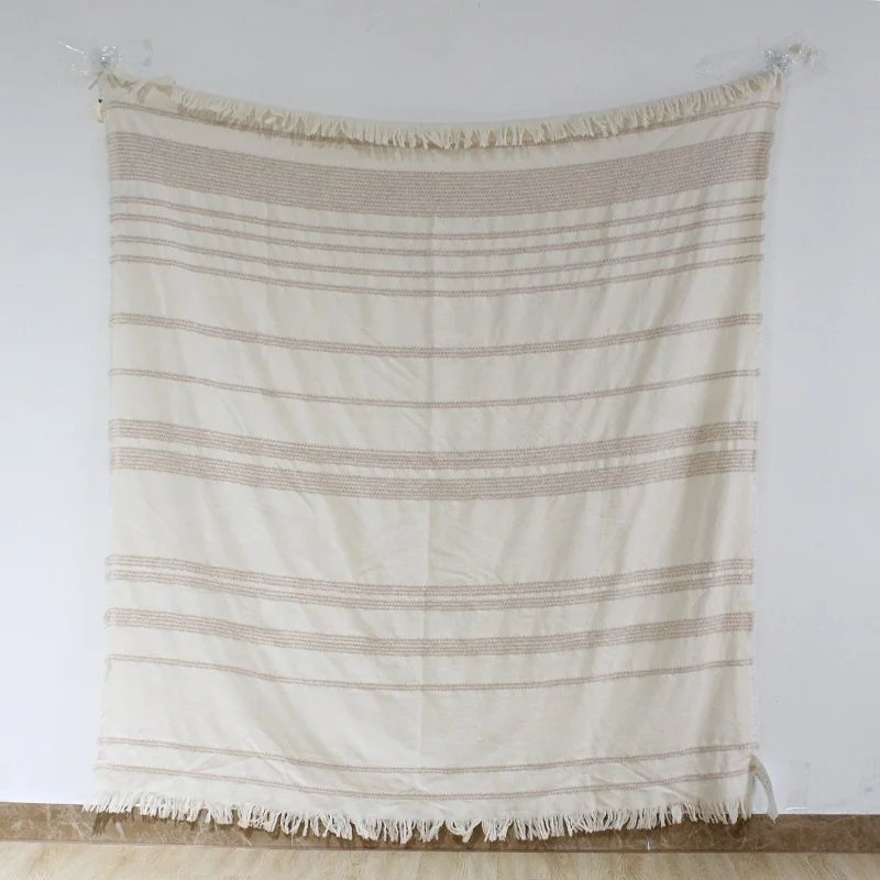 Boho cream stripped cotton throw cozy bed throws cotton camping blanket