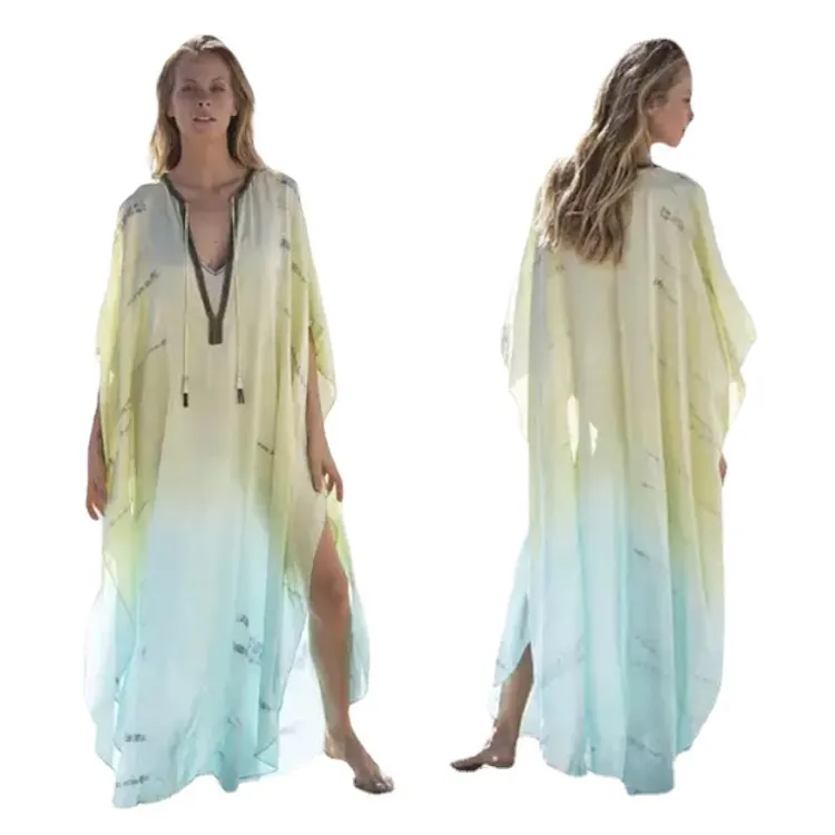 Latest Summer Kimonos Ladies Long Beach Dress Sexy V Neck Vacation Print Chiffon Maxi Boho Dresses For Women Vestidos Split Robe
