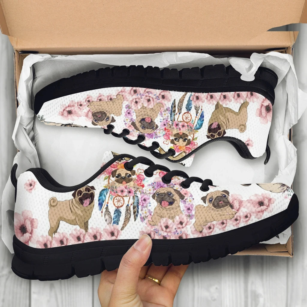 Factory Direct Sales Kawaii Pug Flower Print Running Sneakers Lace up Flat Shoes Summer Spring Comfort Walking Shoes Custom Logo